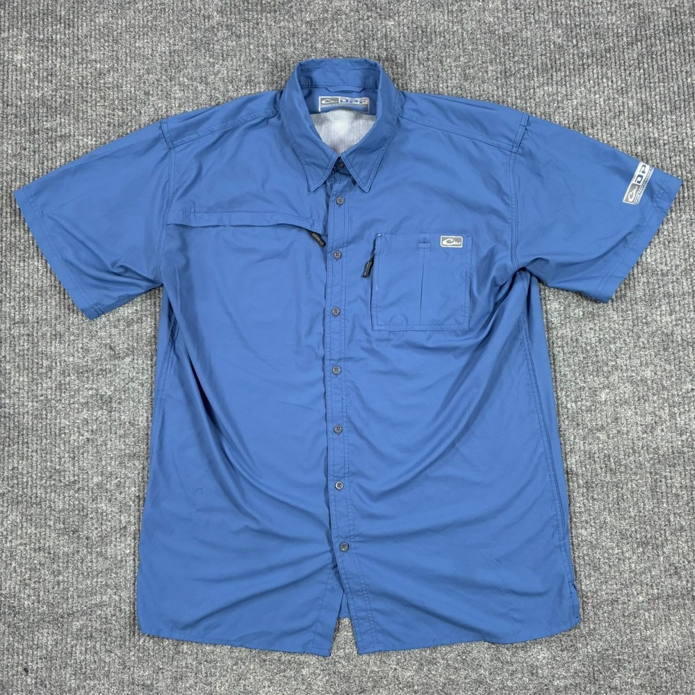 Drake Performance Fishing DPF Button Up Shirt Mens L Blue Vented Short Sleeve